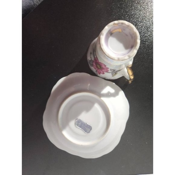 Vintage Pearl White Lusterware Tea Cup and Saucer Gold Trim and Pink Flowers - Picture 5 of 7